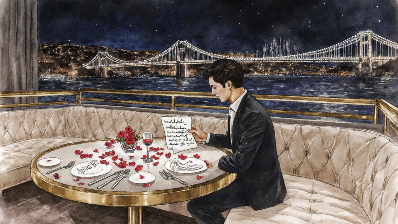 Romantic proposal at SkyBar with rose petals, Ottoman script note, and illuminated Bosphorus Bridge.