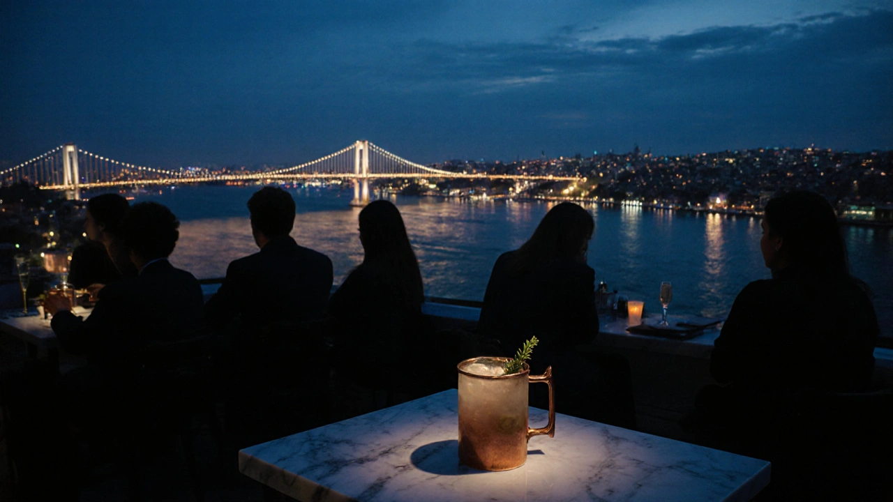 Rooftop cocktail at 360 Istanbul at dusk, copper mug on marble table with Bosphorus Bridge glowing in the background.