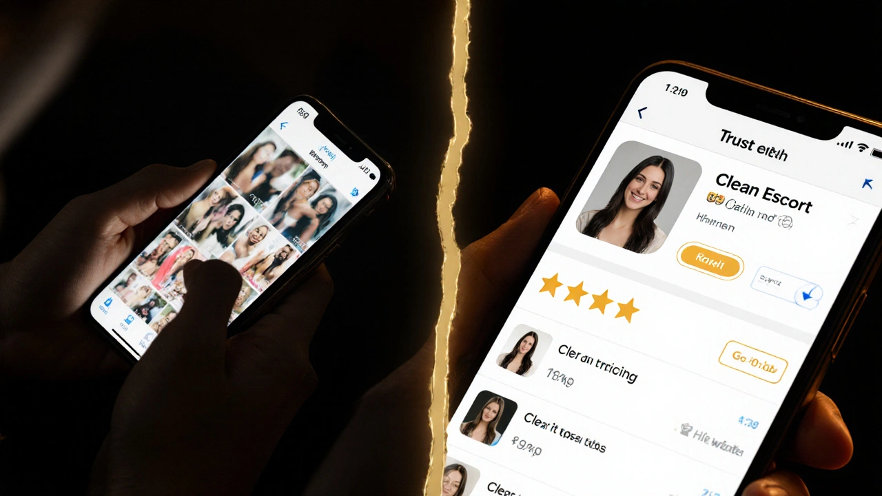 Split image contrasting chaotic dating apps with a clear, verified escort profile on a trusted platform.