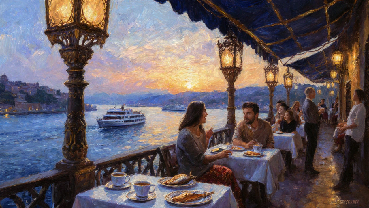 Sunset view from Leb-i Derya’s Bosphorus terrace with ferries passing and lanterns glowing softly.