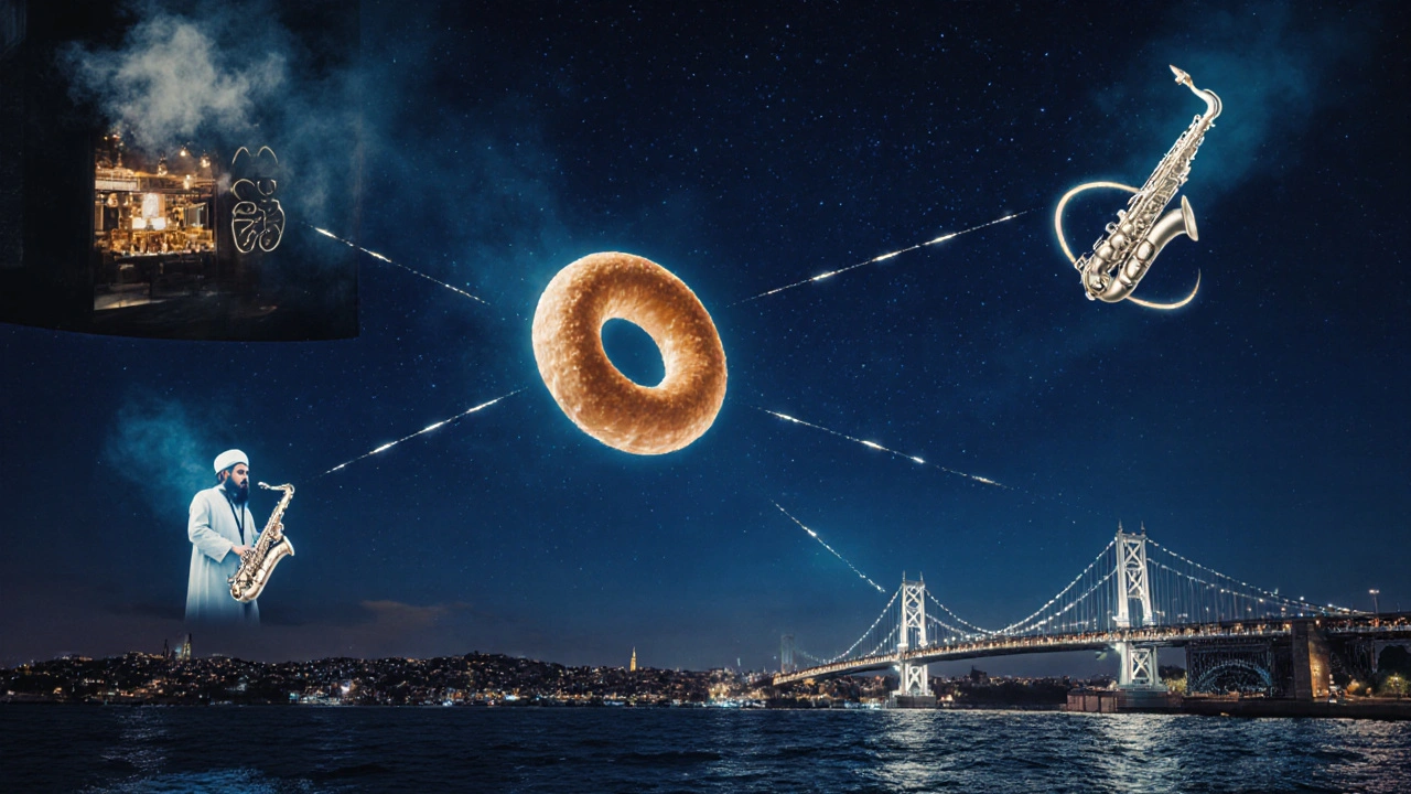 Surreal floating simit connecting hamam steam, saxophone, and Sufi dancer over the Bosphorus.