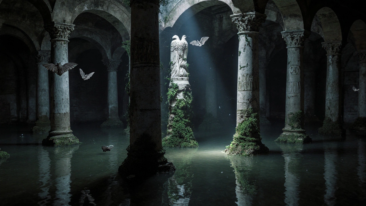 The hidden Cistern of Philoxenos at night, with ancient columns, still water, and bats flying in moonlight.