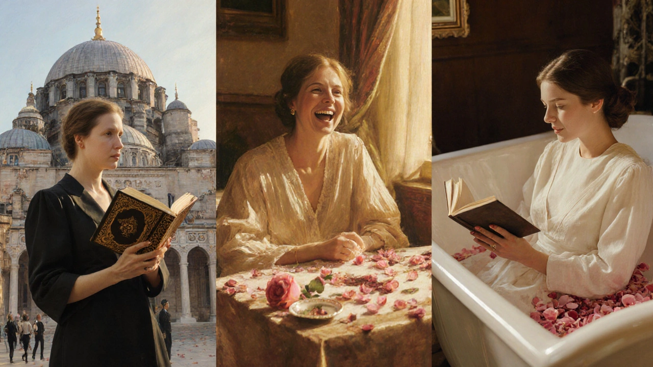 Three women in elegant settings: at a museum, in a tavern, and in a bath—each embodying a different kind of companionship.