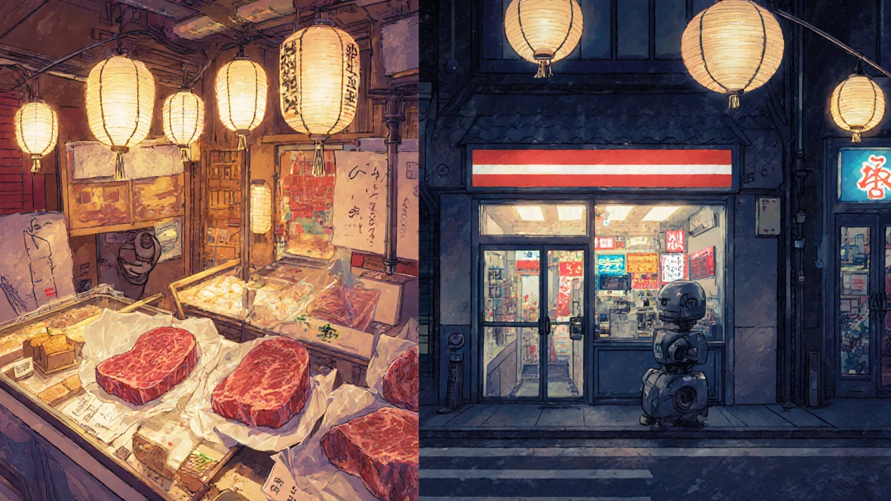 Tokyo&#039;s Ginza food hall with wagyu beef and traditional washi paper shop beside a futuristic convenience store.