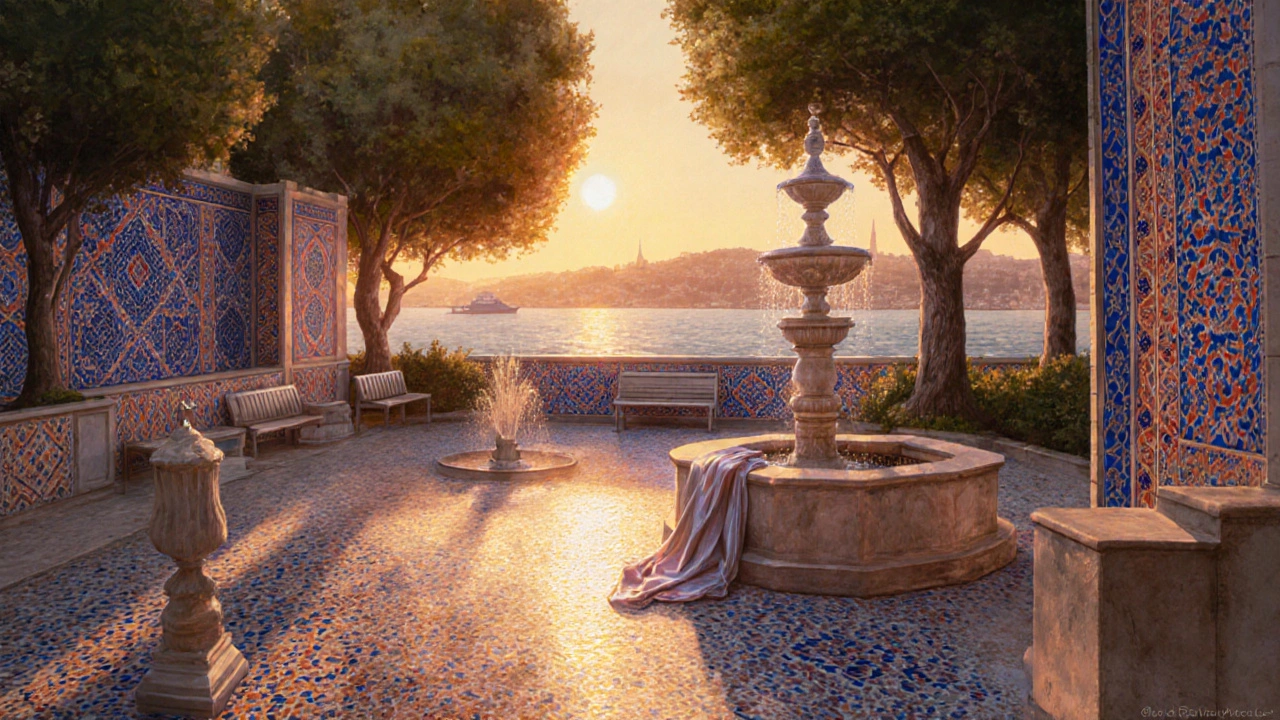 Topkapi Palace courtyard with vibrant Iznik tiles and marble fountains in golden afternoon light.