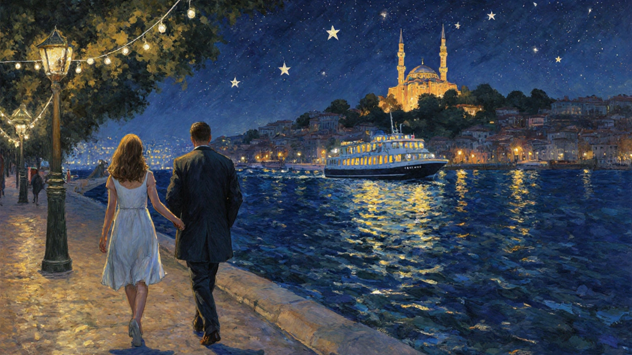 Two figures walking peacefully along the Bosphorus at night, lit by fairy lights and distant ferry glow.