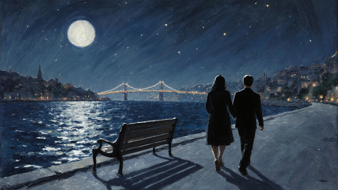 Two figures walking peacefully along the Bosphorus at night under moonlight.