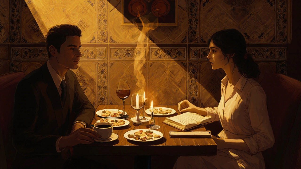 Two people share an intimate dinner at a traditional Istanbul meyhane with meze and candlelight.