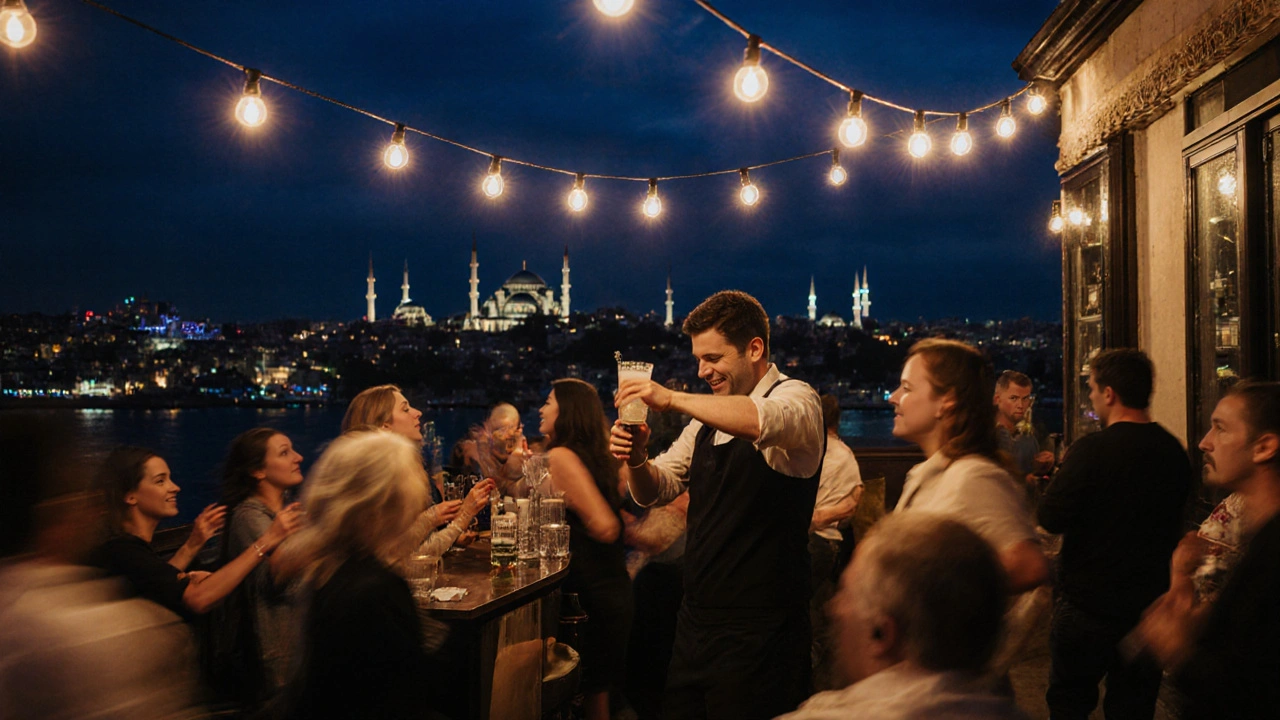 Vibrant crowd at Bar 34 rooftop party with cocktails and city lights under string lamps at night.