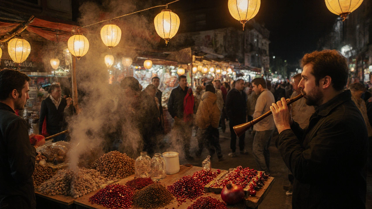 Vibrant Kadıköy night market with food stalls, lanterns, and a musician playing a flute.