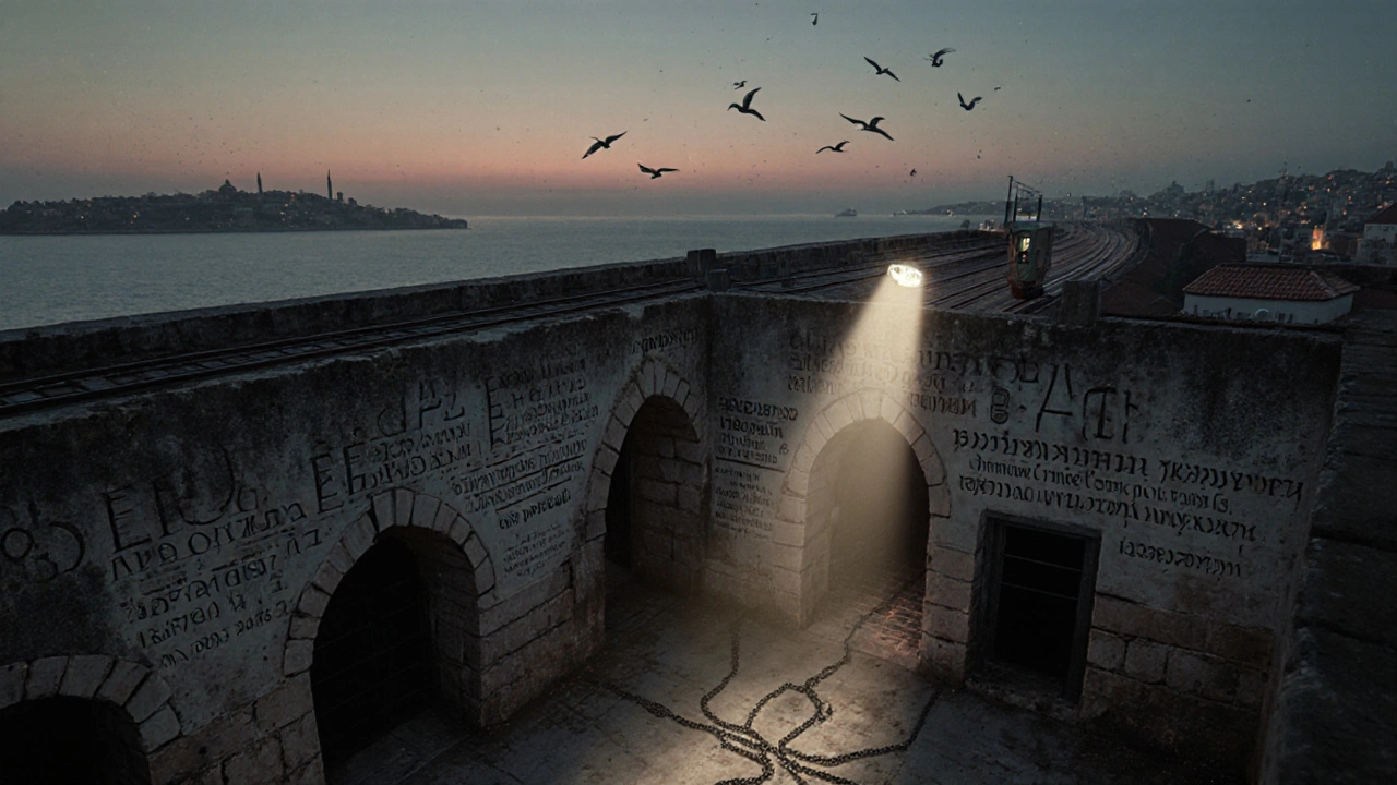 Yedikule Fortress at dusk, with prison cell inscriptions and a view of the Sea of Marmara from the rooftop.