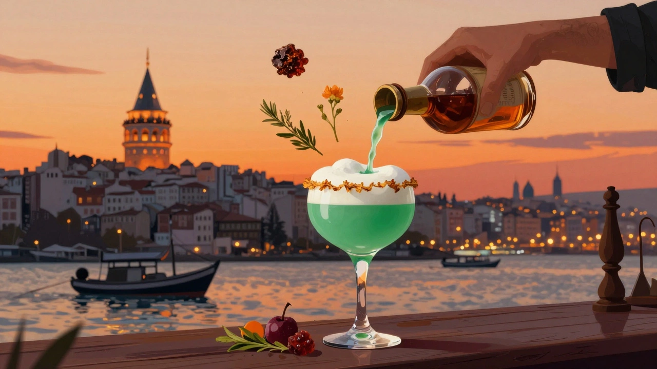 A bartender pours a vibrant green cocktail with mastic resin and yogurt foam, the Galata Tower glowing behind them at sunset.