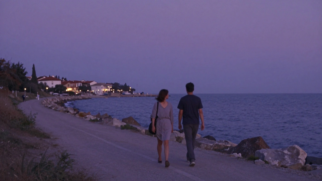 A couple walking silently along a coastal path at dusk, the Black Sea shimmering under a lavender sky.
