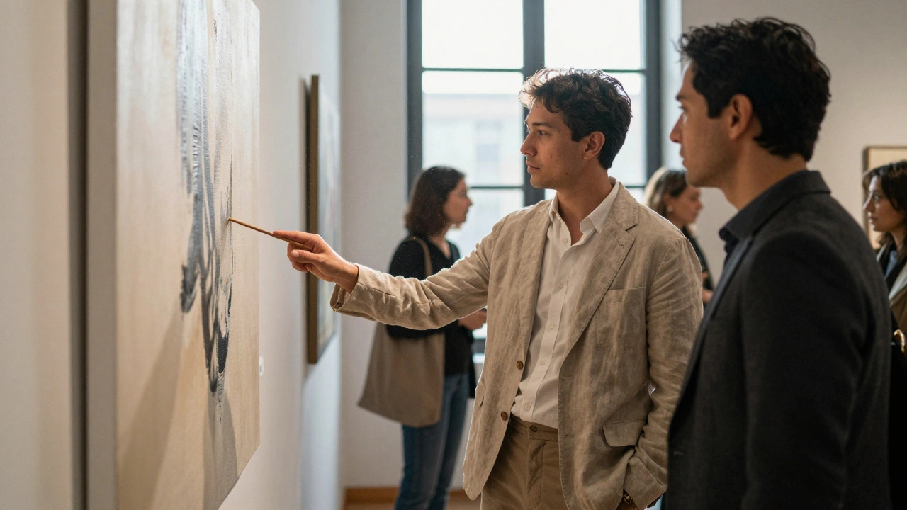 A cultural companion explaining art to a client in a modern gallery with natural sunlight.