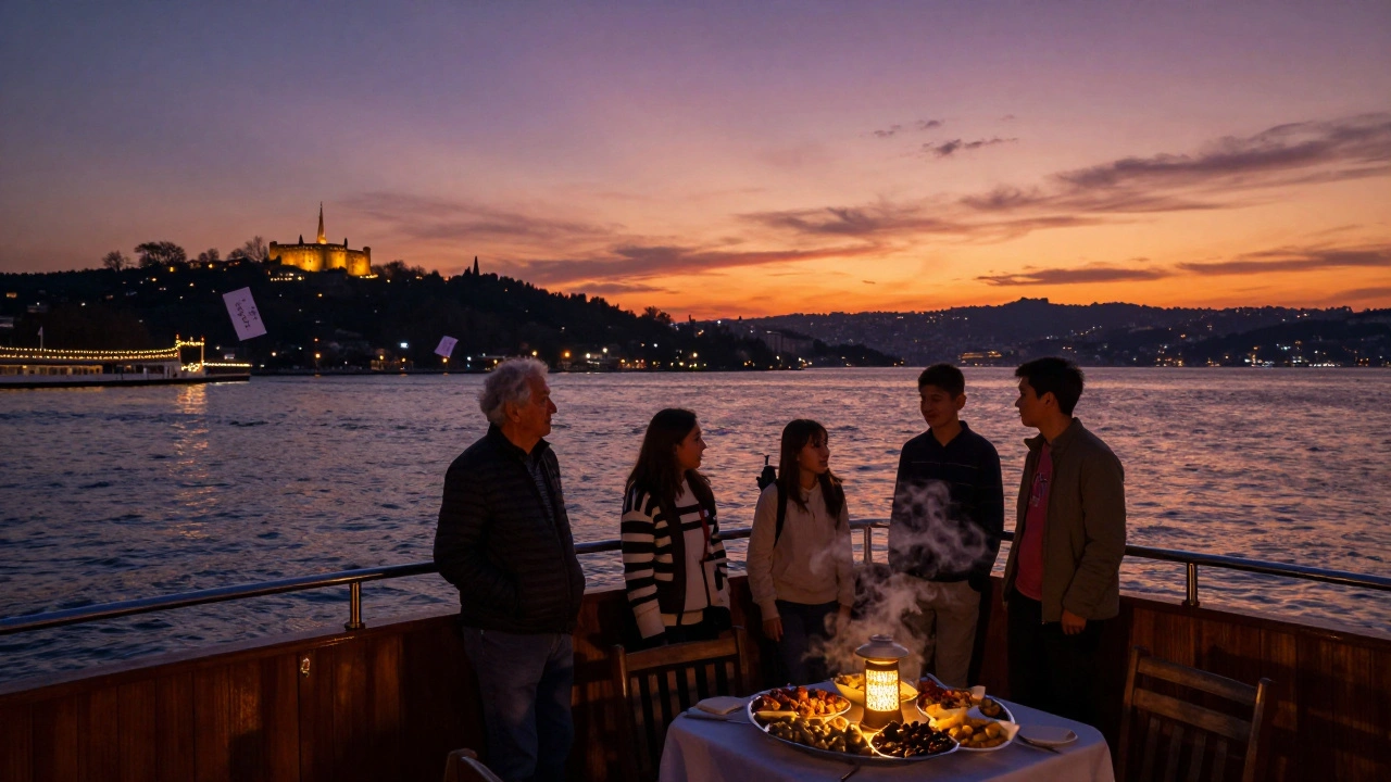 A family on a Bosphorus cruise at sunset, silhouetted against glowing minarets and lantern-lit shores.