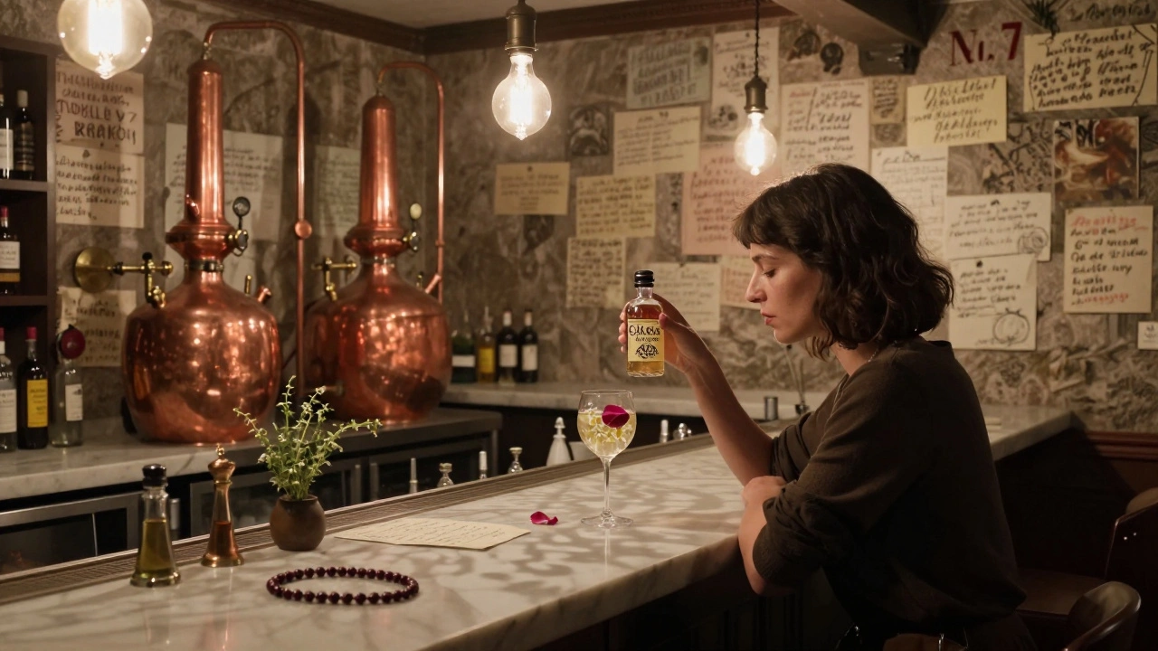 A former bank vault turned apothecary bar, a woman holds a healing herbal cocktail beside walls covered in handwritten stories.