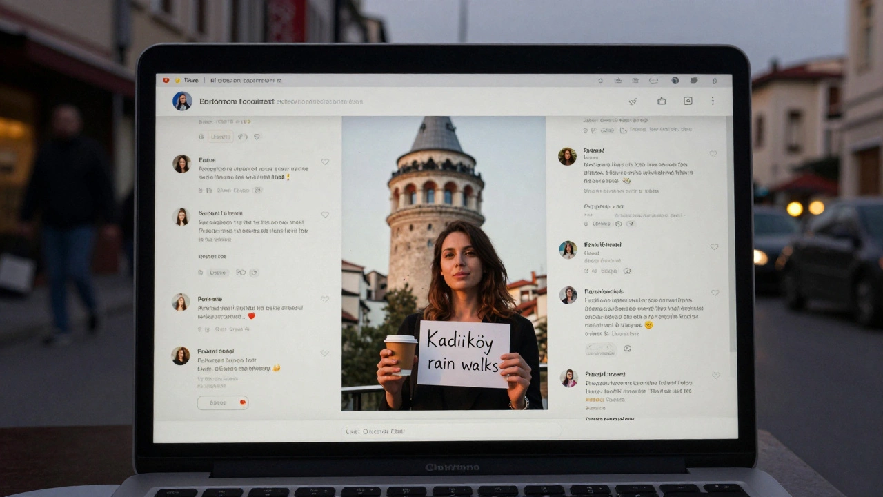 A genuine Istanbul companion profile on a laptop shows a photo with Galata Tower and real client reviews.