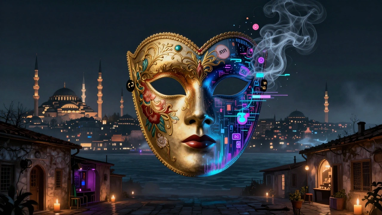 A golden Ottoman mask floats above the Bosphorus, one side ornate, the other dissolving into digital glitches.