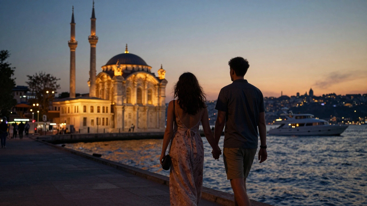 A man and woman walk along the Bosphorus at sunset, hand in hand, with Ortaköy Mosque in the distance.