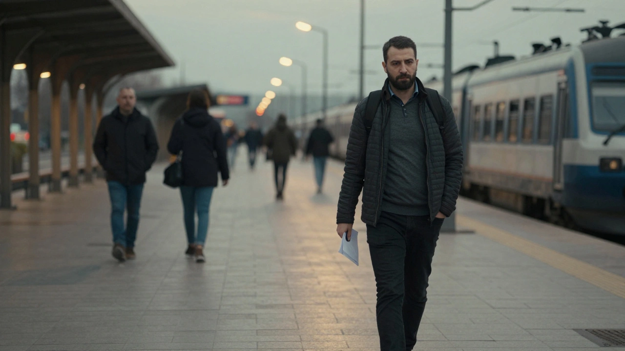 A man walking alone near Gebze train station at dusk, surrounded by quiet urban life.