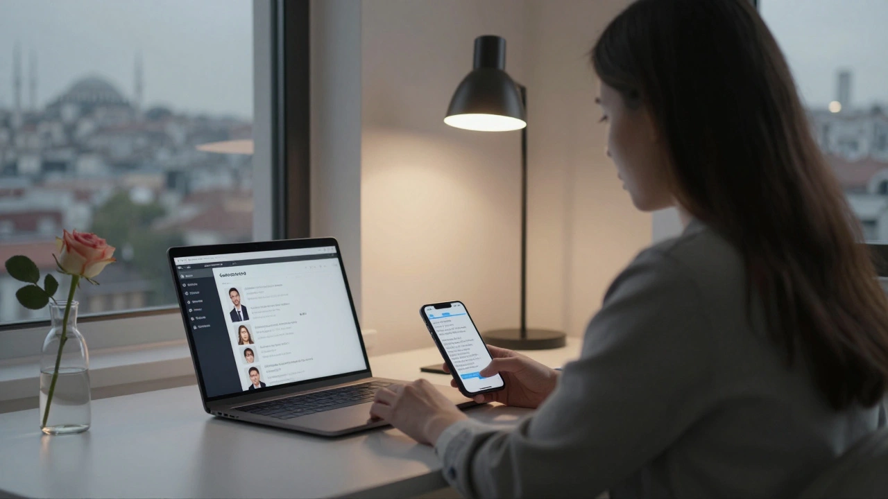 A professional's workspace with a laptop showing a verified profile and a single rose on the desk.