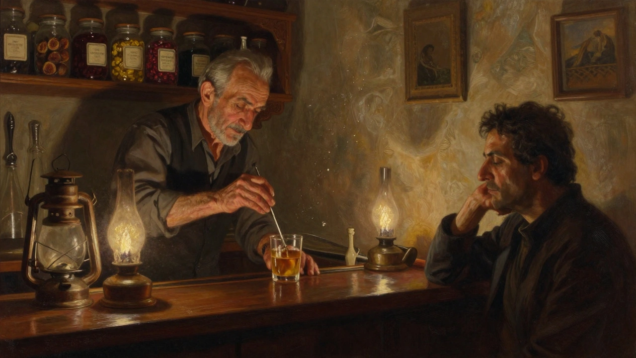 A quiet, lantern-lit bar where a bartender prepares a mystery drink from dried herbs and syrups, no menu in sight.