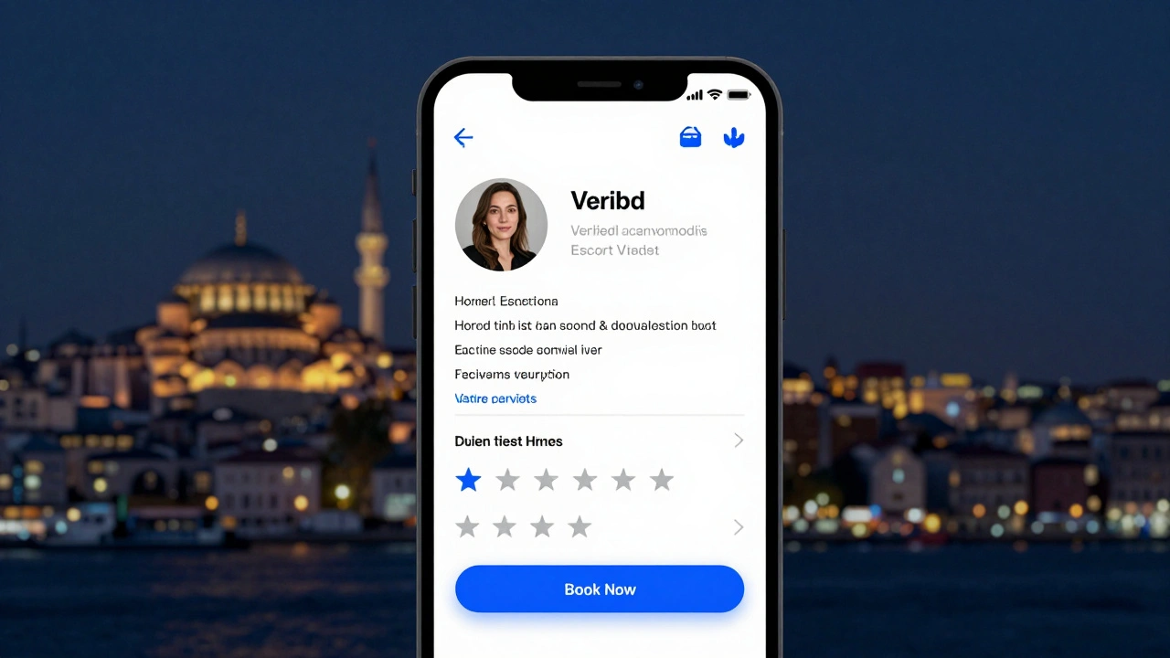 A smartphone screen displaying a verified escort profile with detailed bio and client reviews, symbolizing trust and transparency.
