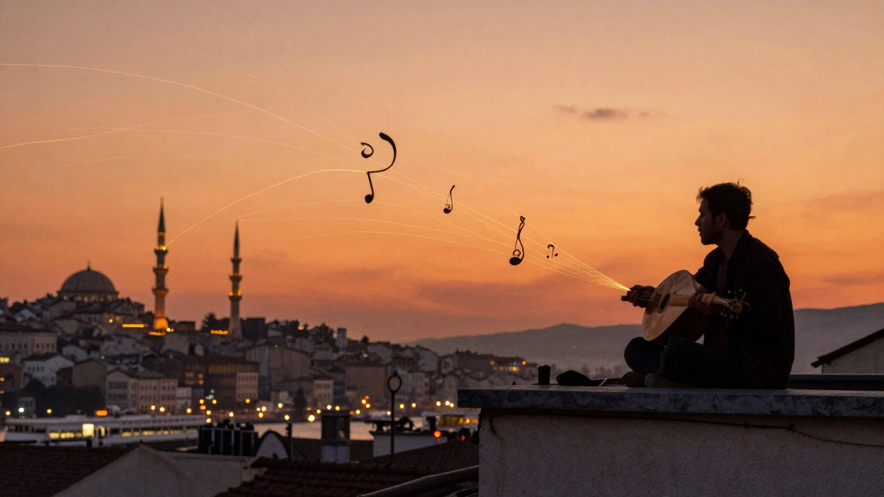 A solitary oud player silhouetted at sunset on a hidden rooftop terrace, golden musical notes drifting into the sky.