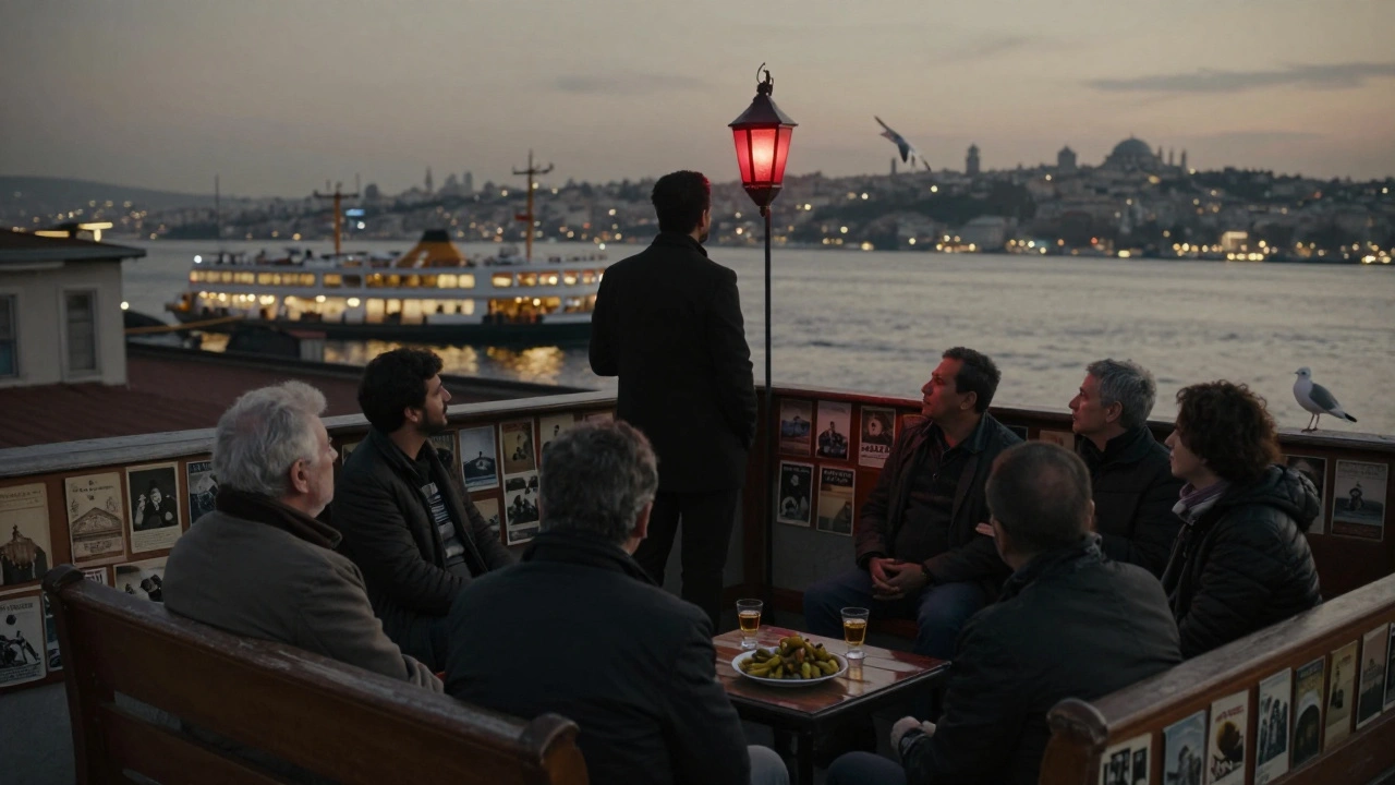 A storyteller on a Beşiktaş rooftop at dusk, surrounded by listeners and vintage postcards, with Bosphorus lights in the background.