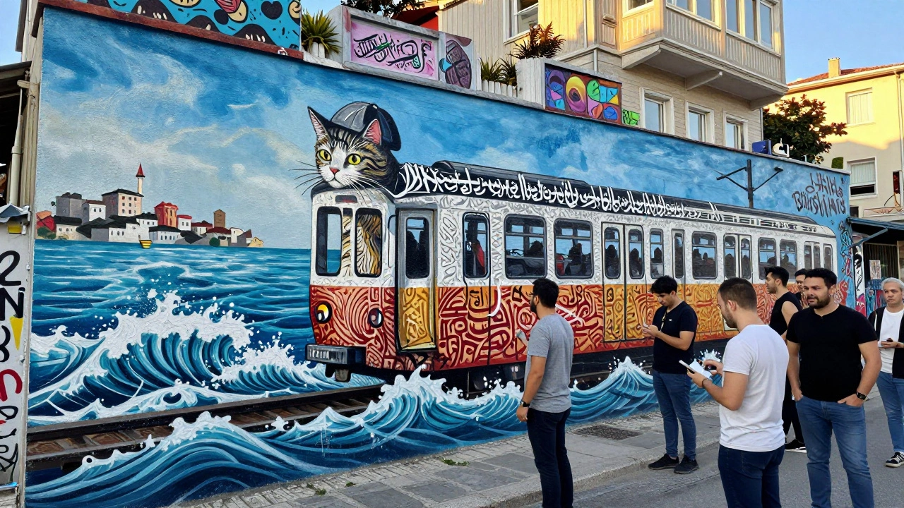 A street mural in Kadıköy showing a cat in a fez riding a calligraphy train along the Bosphorus waterfront.
