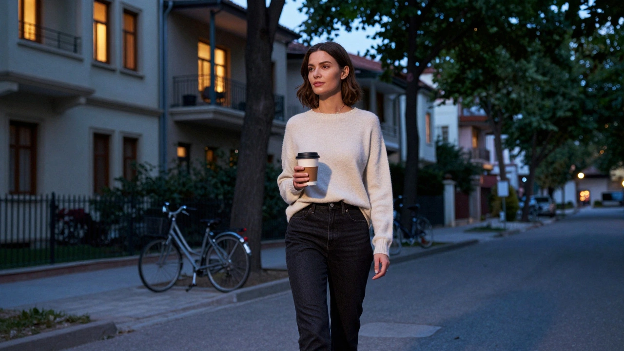 A woman walking peacefully through a quiet Sancaktepe street at twilight, no signs or crowds.