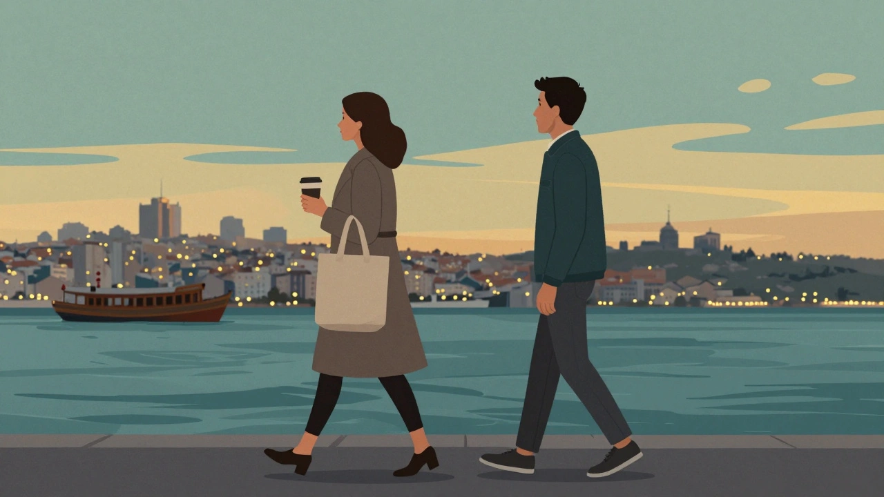 A woman walks peacefully along the Bosphorus at sunset with a companion, city lights twinkling.