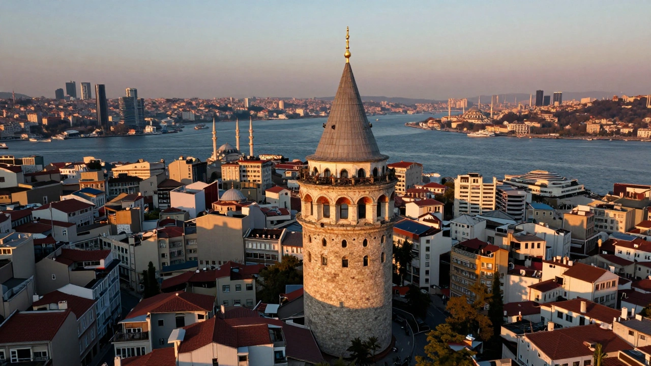 Aerial view of Galata Tower at dusk, overlooking Istanbul’s layered architecture from ancient to modern.