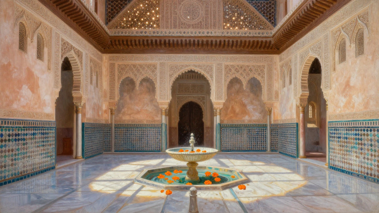 Alhambra’s Hall of the Two Sisters with a starry muqarnas ceiling and fountain reflecting orange blossoms.
