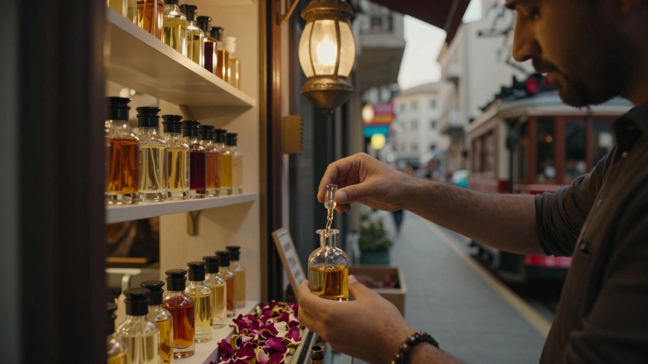 An artisan pours custom perfume in Çiçek Pasajı, lantern light glowing on hand-blown bottles and dried roses.