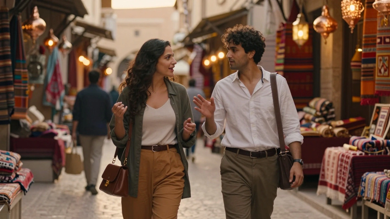 An Ebony companion and client walking through the Grand Bazaar, surrounded by glowing lanterns and vibrant fabrics at golden hour.