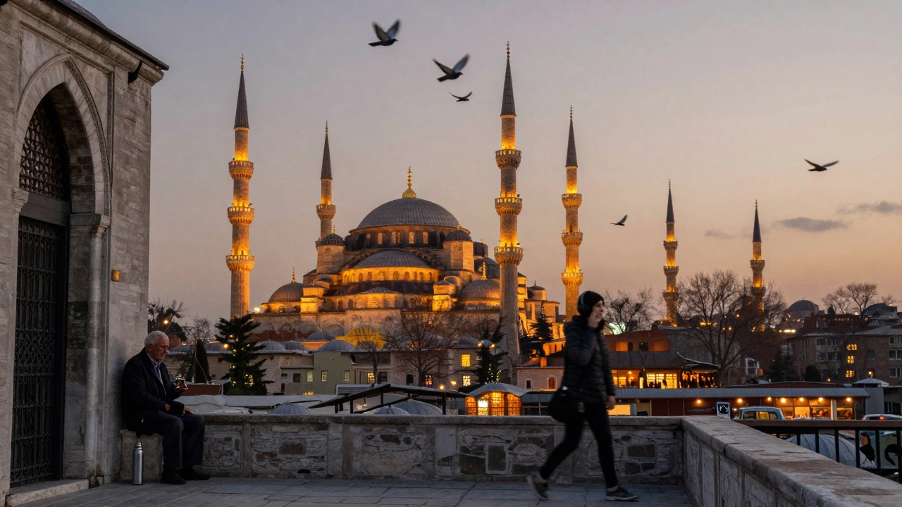 Blue Mosque at dusk, pigeons swirling around minarets as a local sits on a stone wall sipping tea, the city glowing behind.