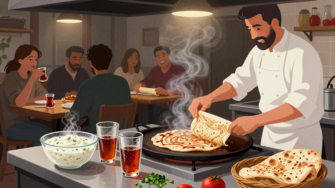 Chef flipping lahmacun in a 24-hour kitchen with patrons sipping ayran and tea.