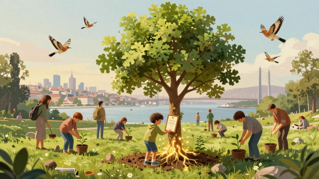 Child planting a tree in Yıldız Park with a personalized certificate under a spring sky.