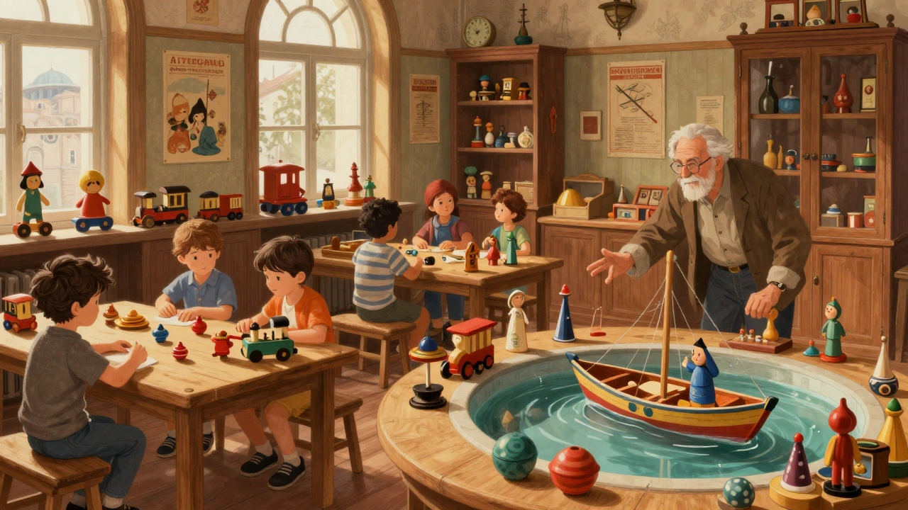 Children playing with vintage toys in a cozy museum filled with wooden trains, dolls, and a small pond.