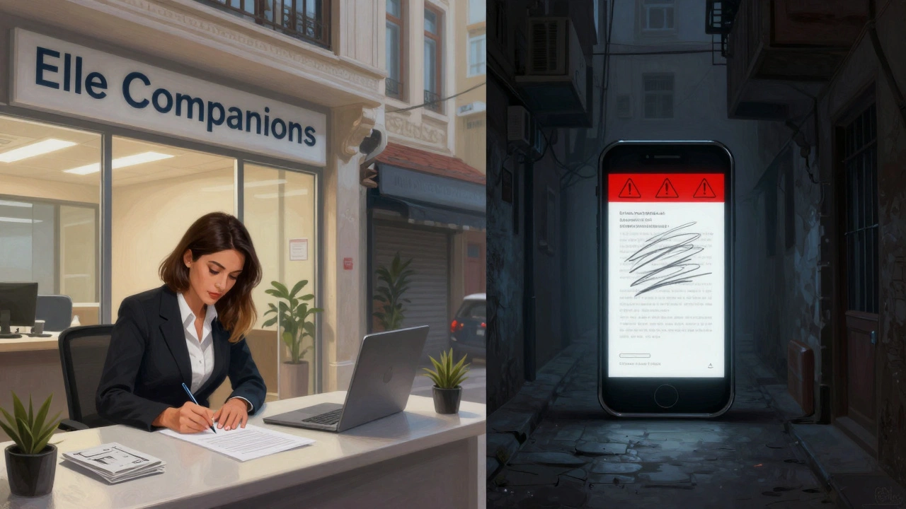 Contrasting scenes: a legitimate companionship agency office versus a shady online ad in shadow.