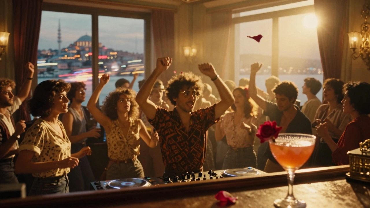 Crowd frozen in awe as a classic Turkish pop remix plays, city lights blurring in the background.