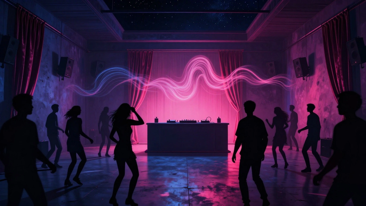 Dancers under shifting colored lights inside Flekk, with stars visible through an open ceiling.