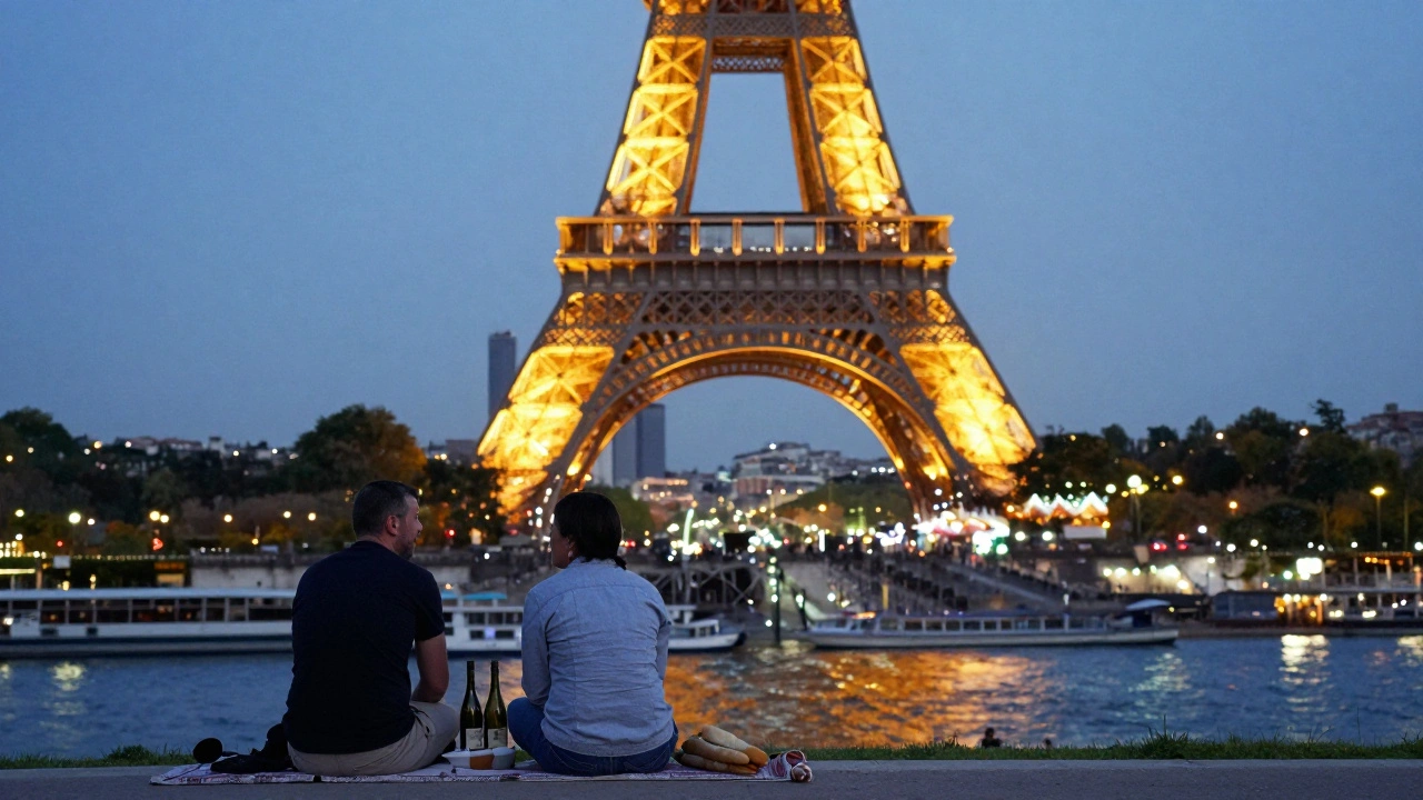 Eiffel Tower sparkling at dusk, couples picnicking on the Champ de Mars under golden lights and the Seine’s reflection.