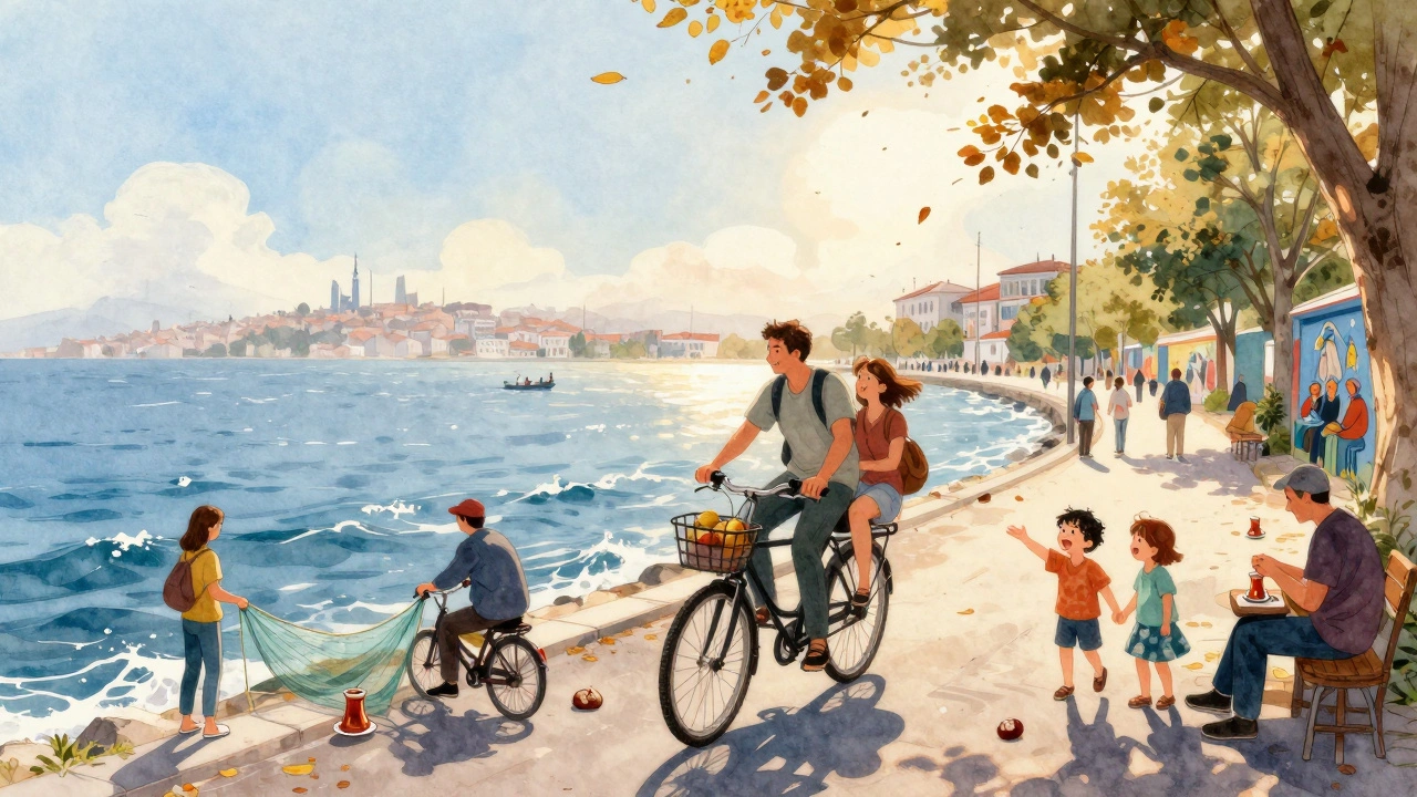 Family biking along Istanbul&#039;s coastal path with fishermen and street artists nearby.