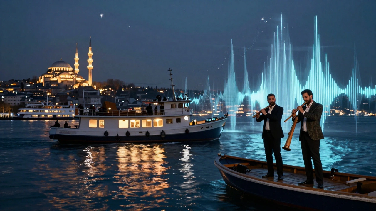 Ferry boat party on Bosphorus at midnight, Ottoman minaret and techno waves reflected in water.