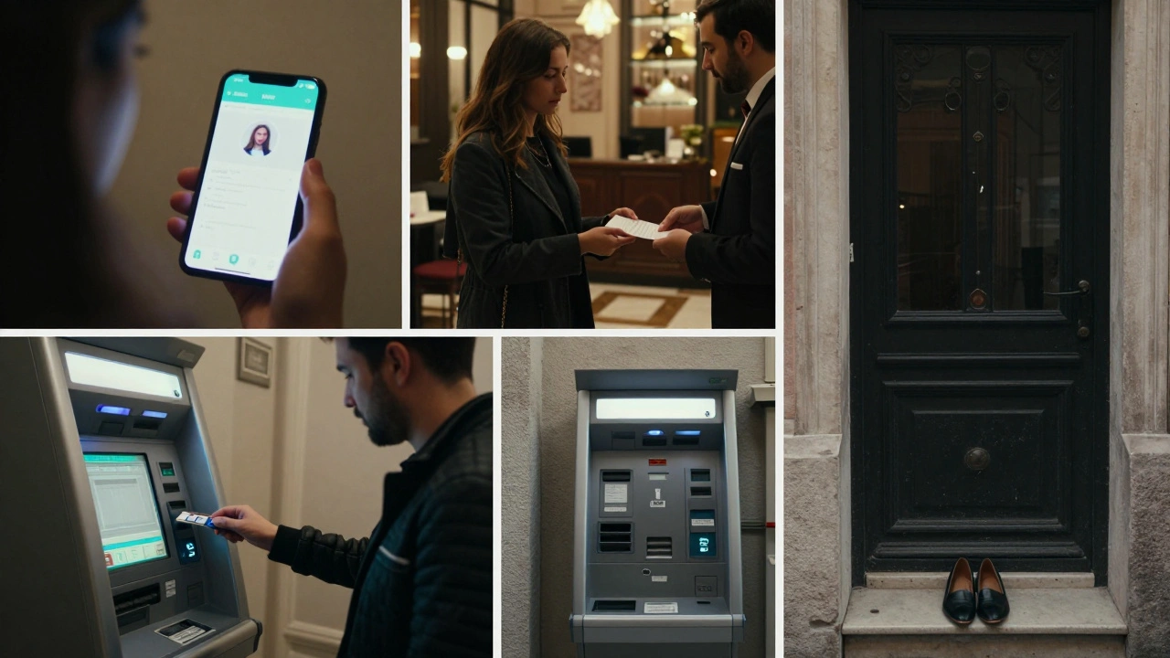 Four subtle scenes depicting discreet ways clients connect with companions in modern Istanbul.