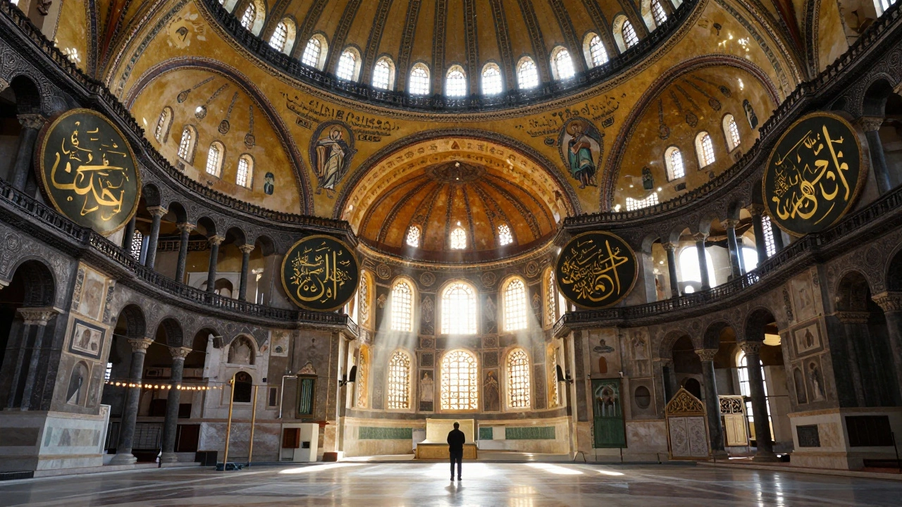 Hagia Sophia bathed in late afternoon light, showcasing golden mosaics and calligraphic roundels.