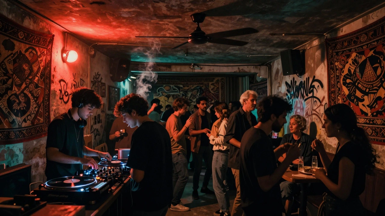 Hidden basement club with diverse crowd dancing, vinyl DJ under red lights, folk tapestries on walls.