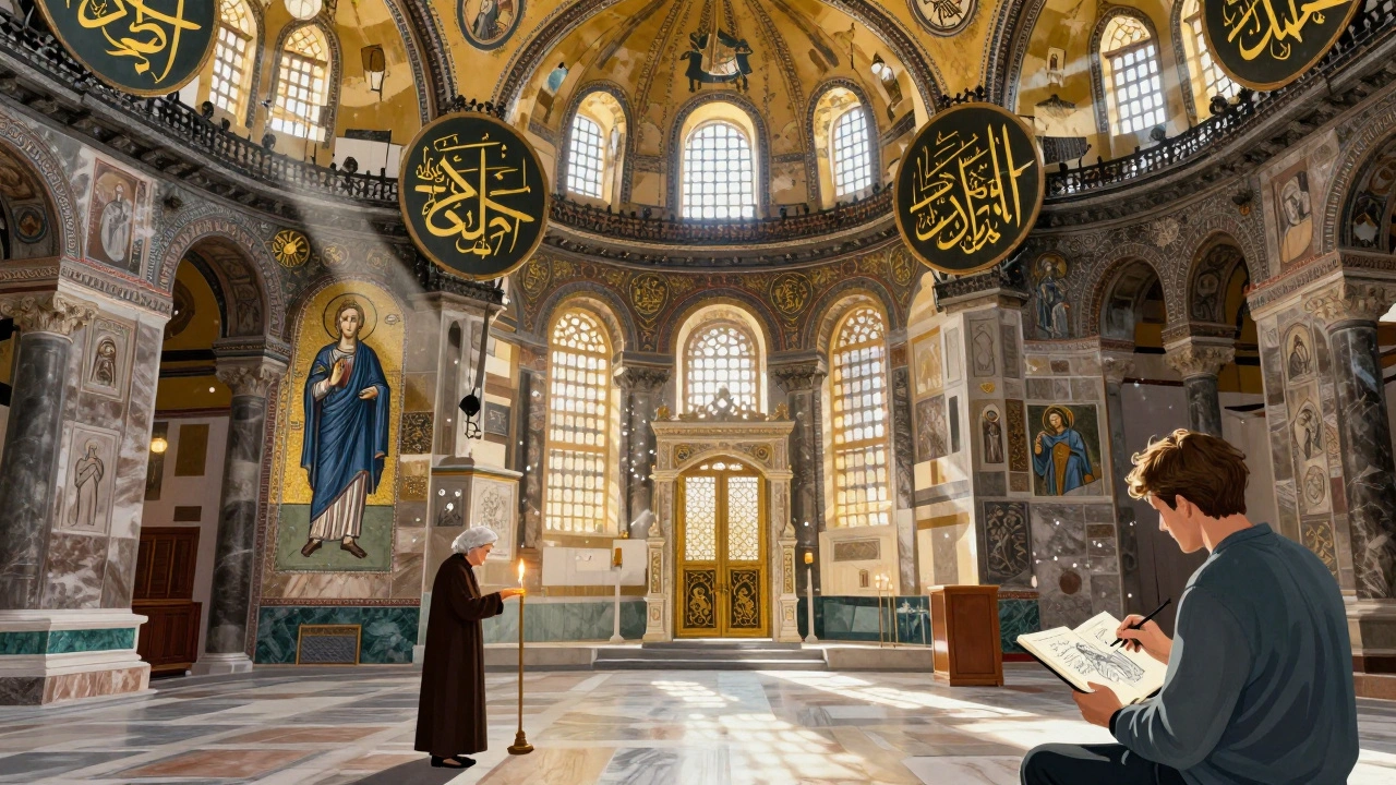 Interior of Hagia Sophia with mosaics and calligraphy side by side, a woman lighting a candle, and a student sketching.